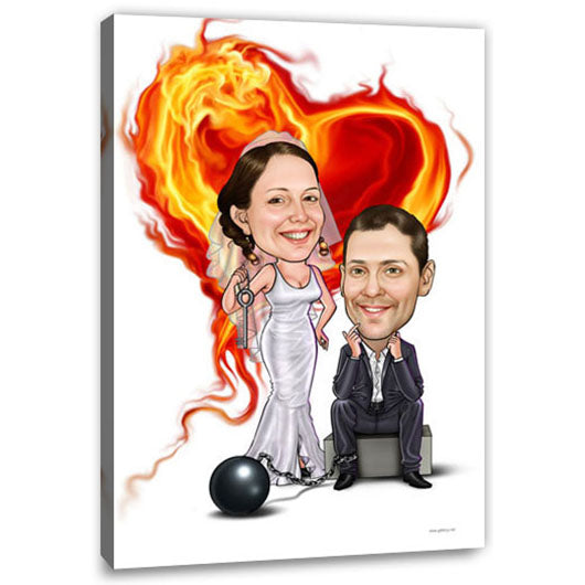 Karikatur vom Foto - Hochzeitspaar brennendes Herz (ca1206) - Lustige individuelle Karikatur vom eigenen Foto