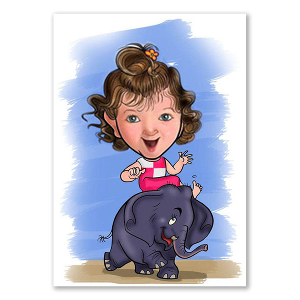 Karikatur vom Foto - Reiten auf einem Elefanten (andere Tiere mgl.) (ca130) - Lustige individuelle Karikatur vom eigenen Foto