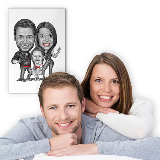 Karikatur vom Foto - Familie Mama Papa Kind Portrait Zeichnung mit rot (ca1311pen-red) - Lustige individuelle Karikatur vom eigenen Foto