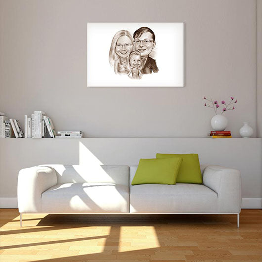 Karikatur vom Foto - Familie Mama Papa Kind Portrait Zeichnung sepia (ca1313pense) - Lustige individuelle Karikatur vom eigenen Foto