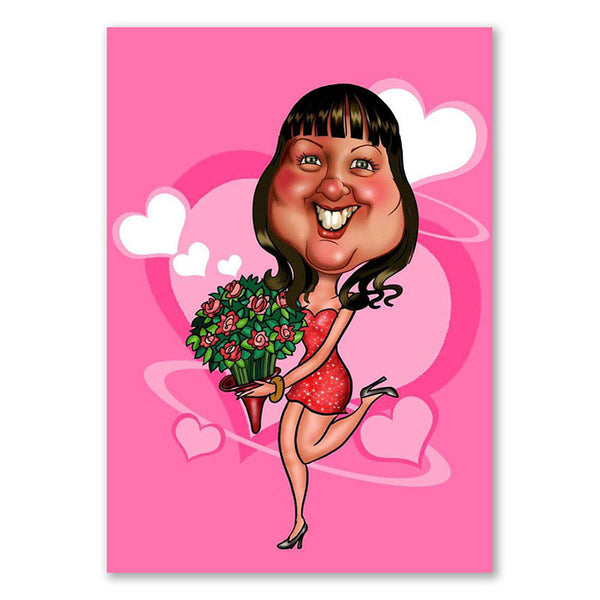 Karikatur vom Foto - Lady mit Blumenstrauss (ca138) - Lustige individuelle Karikatur vom eigenen Foto