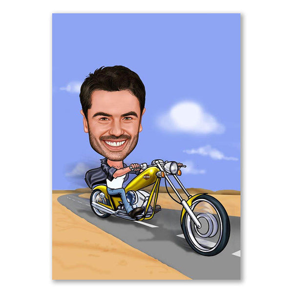 Karikatur vom Foto - Gelbe Harley (andere Motorradmarken mgl.) (ca163) - Lustige individuelle Karikatur vom eigenen Foto