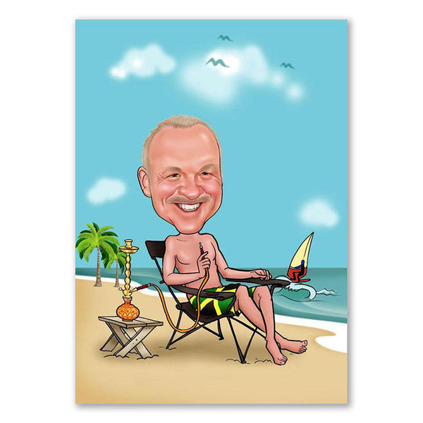 Karikatur vom Foto - Wasserpfeife am Strand (ca164) - Lustige individuelle Karikatur vom eigenen Foto