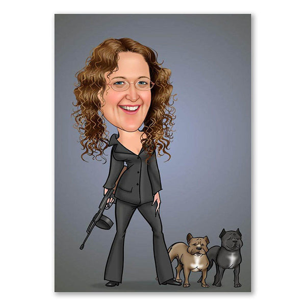 Karikatur vom Foto - Lady mit Waffe und Pitbulls (ca178) - Lustige individuelle Karikatur vom eigenen Foto