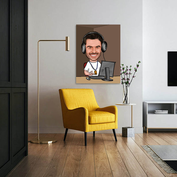 Karikatur vom Foto - Gamer am Computer (ca182) - Lustige individuelle Karikatur vom eigenen Foto