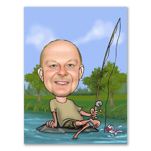 Karikatur vom Foto - Angler mit Haien2 (ca186) - Lustige individuelle Karikatur vom eigenen Foto