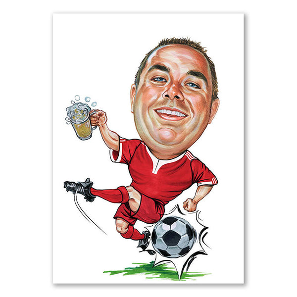 Karikatur vom Foto - Fussballer mit Bier Rot (ca2010) - Lustige individuelle Karikatur vom eigenen Foto