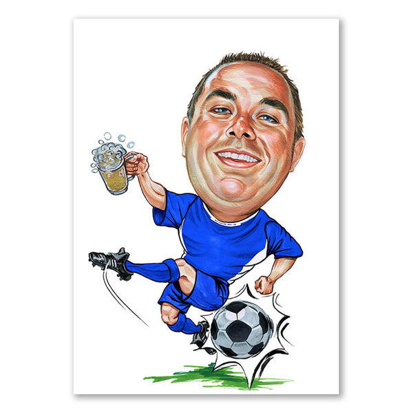 Karikatur vom Foto - Fussballer mit Bier Blau (ca2014) - Lustige individuelle Karikatur vom eigenen Foto