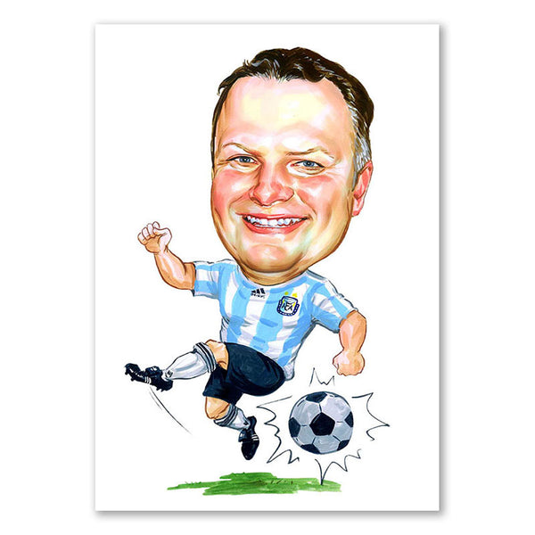 Karikatur vom Foto - Fussballspieler Blau-Weiss (ca2025) - Lustige individuelle Karikatur vom eigenen Foto