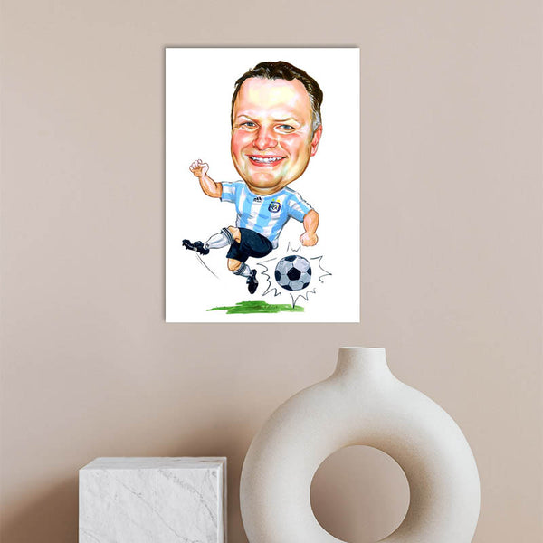 Karikatur vom Foto - Fussballspieler Blau-Weiss (ca2025) - Lustige individuelle Karikatur vom eigenen Foto