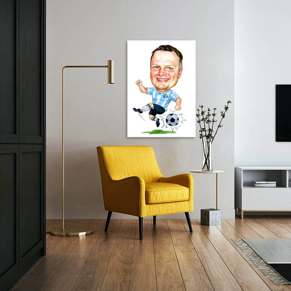 Karikatur vom Foto - Fussballspieler Blau-Weiss (ca2025) - Lustige individuelle Karikatur vom eigenen Foto