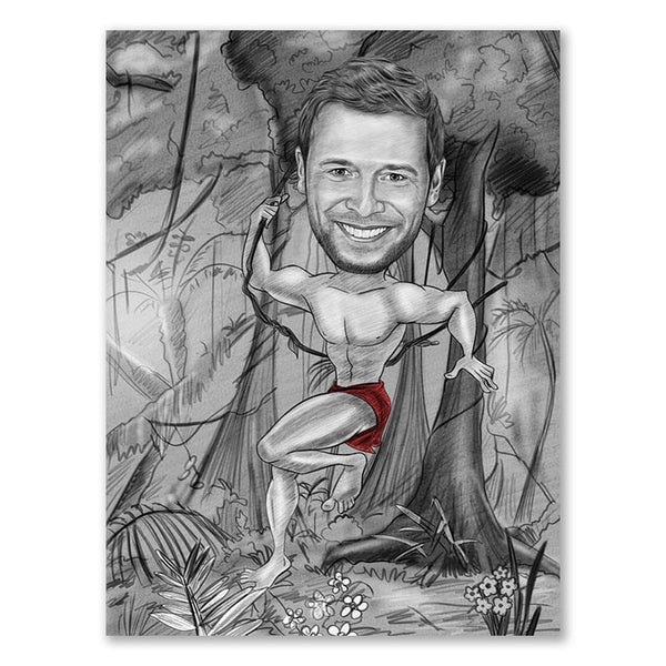 Karikatur vom Foto - Tarzan Zeichnung mit rot (ca217man-pen-red) - Lustige individuelle Karikatur vom eigenen Foto