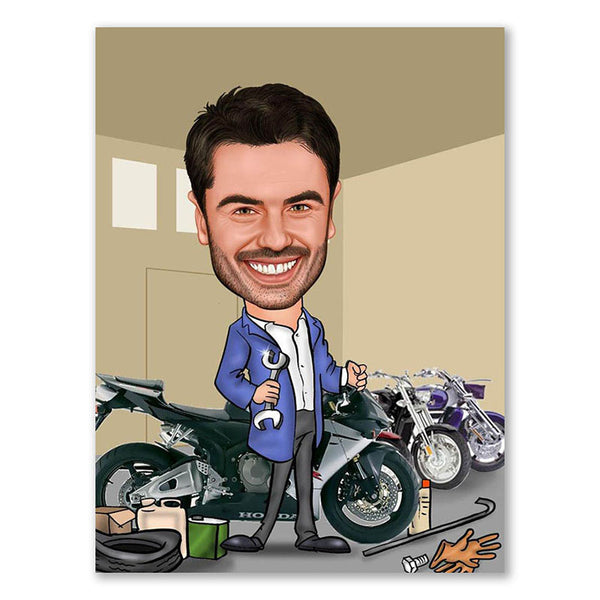 Karikatur vom Foto - Werkstatt Motorrad (andere Motorradtypen mgl.) (ca233) - Lustige individuelle Karikatur vom eigenen Foto