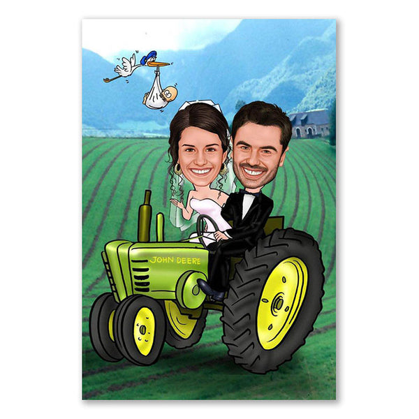 Karikatur vom Foto - Hochzeit Traktor Bauernhof (ca238) - Lustige individuelle Karikatur vom eigenen Foto