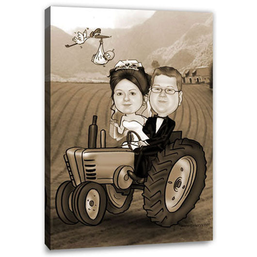 Karikatur vom Foto - Hochzeit Traktor Bauernhof Sepia (ca238se) - Lustige individuelle Karikatur vom eigenen Foto