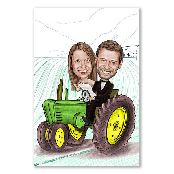 Karikatur vom Foto - Hochzeit Traktor Bauernhof Zeichnung farbig (ca238pen-color) - Lustige individuelle Karikatur vom eigenen Foto