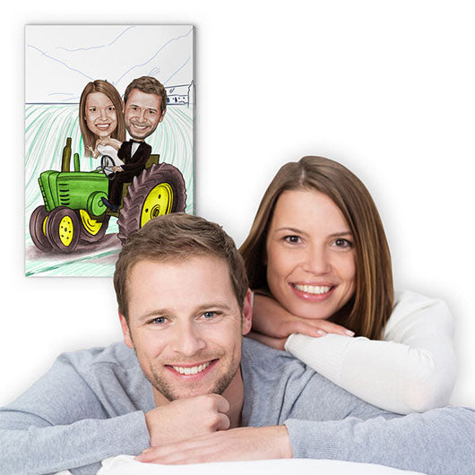 Karikatur vom Foto - Hochzeit Traktor Bauernhof Zeichnung farbig (ca238pen-color) - Lustige individuelle Karikatur vom eigenen Foto