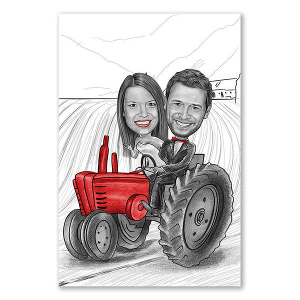 Karikatur vom Foto - Hochzeit Traktor Bauernhof Zeichnung mit rot (ca238pen-red) - Lustige individuelle Karikatur vom eigenen Foto