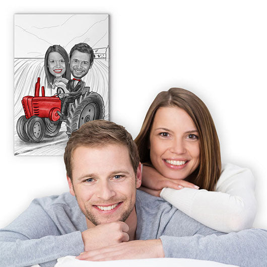 Karikatur vom Foto - Hochzeit Traktor Bauernhof Zeichnung mit rot (ca238pen-red) - Lustige individuelle Karikatur vom eigenen Foto