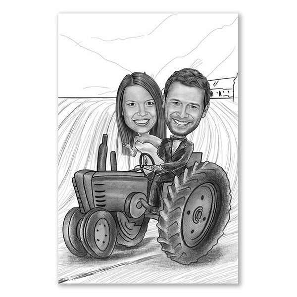 Karikatur vom Foto - Hochzeit Traktor Bauernhof Zeichnung (ca238pen) - Lustige individuelle Karikatur vom eigenen Foto