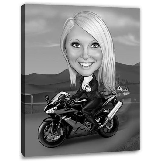Karikatur vom Foto - Motorrad (andere Motorradtypen mgl.) SW (ca276womansw) - Lustige individuelle Karikatur vom eigenen Foto
