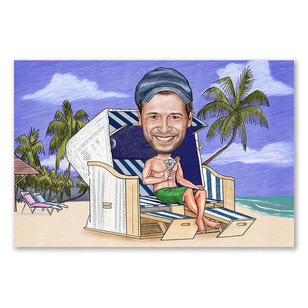 Karikatur vom Foto - Im Strandkorb Zeichnung farbig (ca287man-pen-color) - Lustige individuelle Karikatur vom eigenen Foto