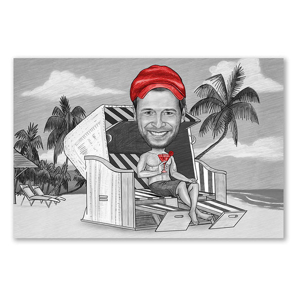 Karikatur vom Foto - Im Strandkorb Zeichnung mit rot (ca287man-pen-red) - Lustige individuelle Karikatur vom eigenen Foto