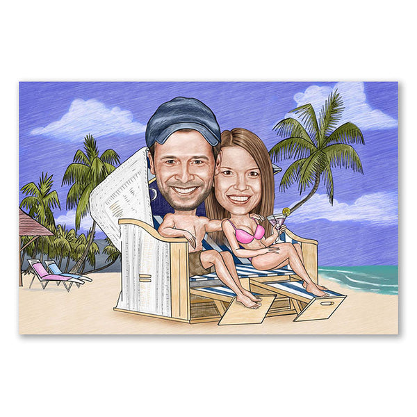 Karikatur vom Foto - Paar im Strandkorb Zeichnung farbig (ca287pen-color) - Lustige individuelle Karikatur vom eigenen Foto