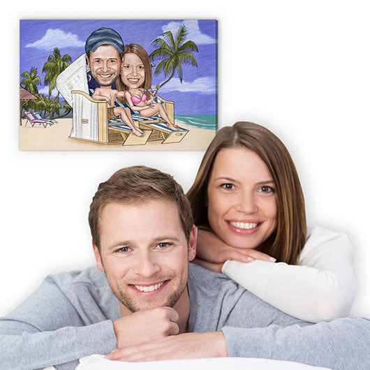 Karikatur vom Foto - Paar im Strandkorb Zeichnung farbig (ca287pen-color) - Lustige individuelle Karikatur vom eigenen Foto