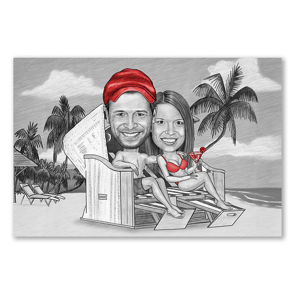 Karikatur vom Foto - Paar im Strandkorb Zeichnung mit rot (ca287pen-red) - Lustige individuelle Karikatur vom eigenen Foto