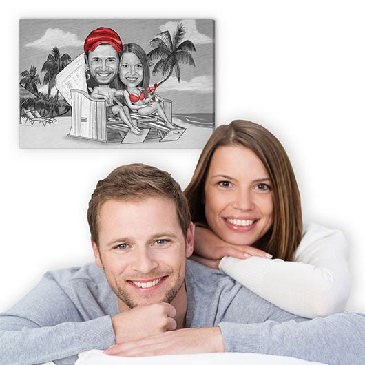 Karikatur vom Foto - Paar im Strandkorb Zeichnung mit rot (ca287pen-red) - Lustige individuelle Karikatur vom eigenen Foto