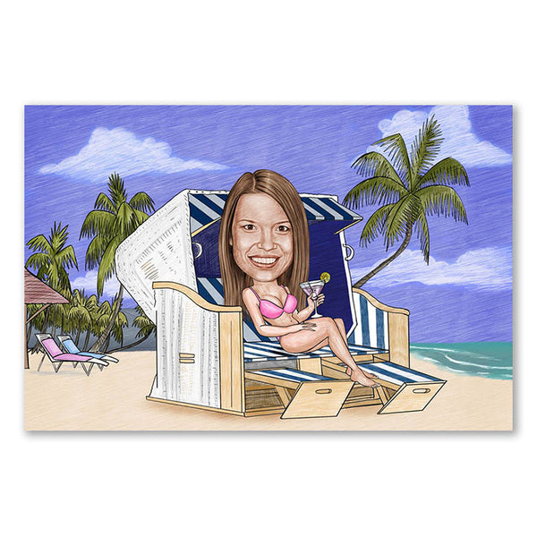 Karikatur vom Foto - Im Strandkorb Zeichnung farbig (ca287women-pen-color) - Lustige individuelle Karikatur vom eigenen Foto