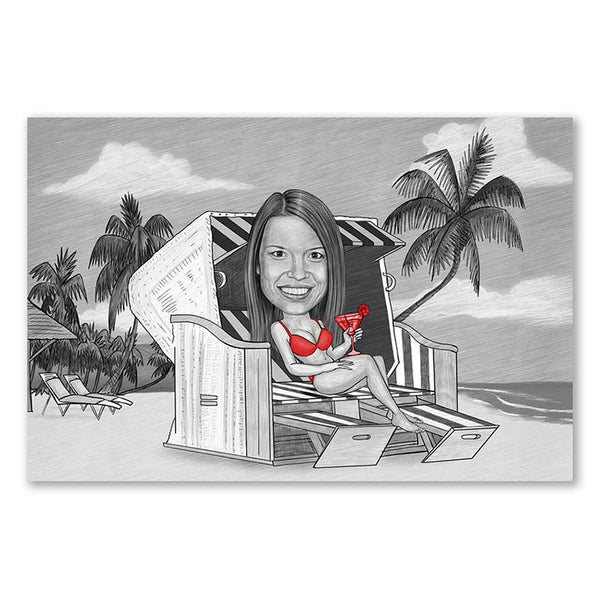 Karikatur vom Foto - Im Strandkorb Zeichnung mit rot (ca287women-pen-red) - Lustige individuelle Karikatur vom eigenen Foto