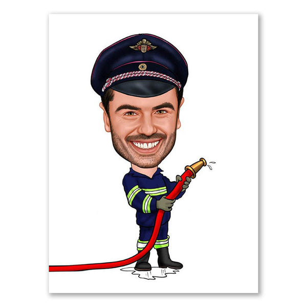 Karikatur vom Foto - Feuerwehrmann mit Schlauch (ca289) - Lustige individuelle Karikatur vom eigenen Foto
