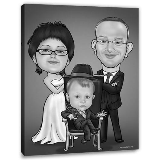 Karikatur vom Foto - Kleiner capone mit Eltern SW (ca293sw) - Lustige individuelle Karikatur vom eigenen Foto