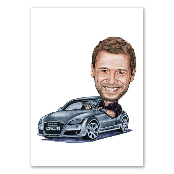 Karikatur vom Foto - Mann im Audi Zeichnung farbig (ca2941pen-color) - Lustige individuelle Karikatur vom eigenen Foto