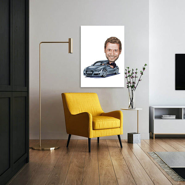 Karikatur vom Foto - Mann im Audi Zeichnung farbig (ca2941pen-color) - Lustige individuelle Karikatur vom eigenen Foto
