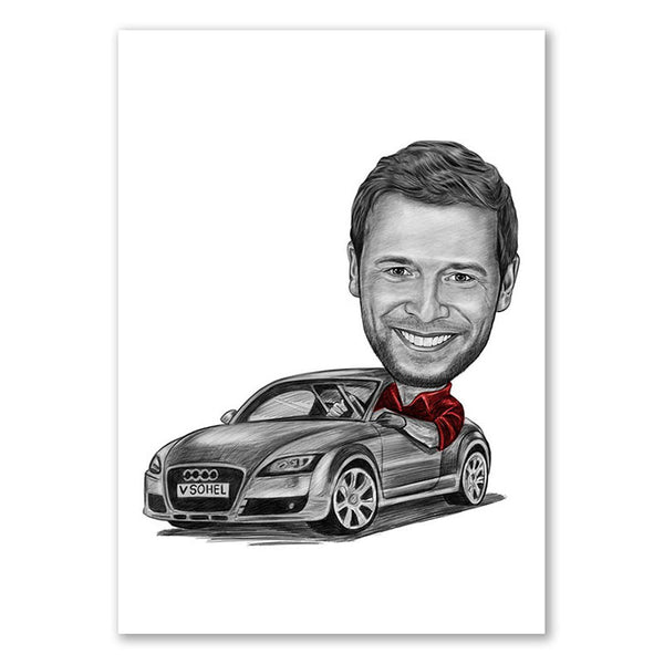 Karikatur vom Foto - Mann im Audi Zeichnung mit rot (ca2941pen-red) - Lustige individuelle Karikatur vom eigenen Foto