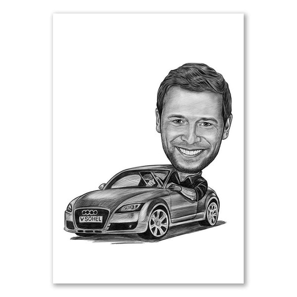 Karikatur vom Foto - Mann im Audi (ca2941pen) - Lustige individuelle Karikatur vom eigenen Foto