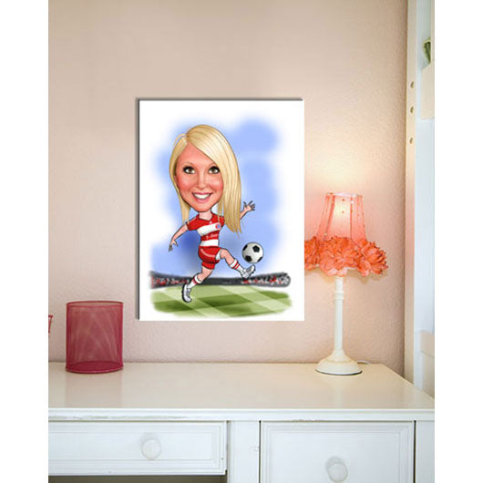 Karikatur vom Foto - Fussball weiss rot (andere Vereins-Shirts mgl.) (ca309woman) - Lustige individuelle Karikatur vom eigenen Foto