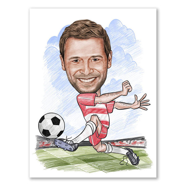 Karikatur vom Foto - Fussball weiss rot (andere Vereins-Shirts mgl.Zeichnung farbig (ca309pen-color) - Lustige individuelle Karikatur vom eigenen Foto