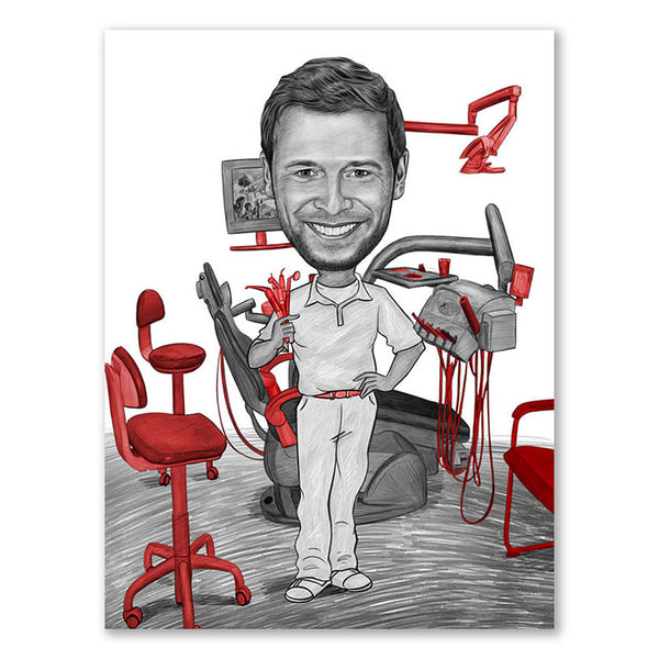 Karikatur vom Foto - Zahnarzt Zeichnung mit rot (ca351pen-red) - Lustige individuelle Karikatur vom eigenen Foto