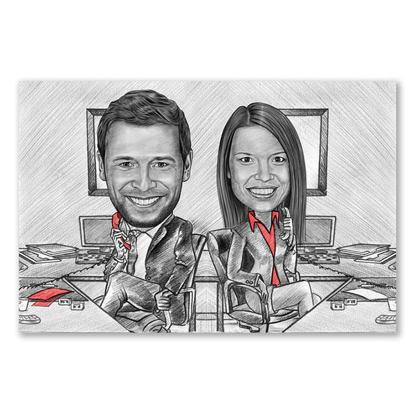 Karikatur vom Foto - Manager busy Paar mit Zeichnung mit rot (ca357couple-pen-red) - Lustige individuelle Karikatur vom eigenen Foto