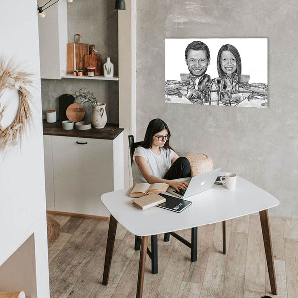 Karikatur vom Foto - Manager busy Paar mit Zeichnung (ca357couple-pen) - Lustige individuelle Karikatur vom eigenen Foto