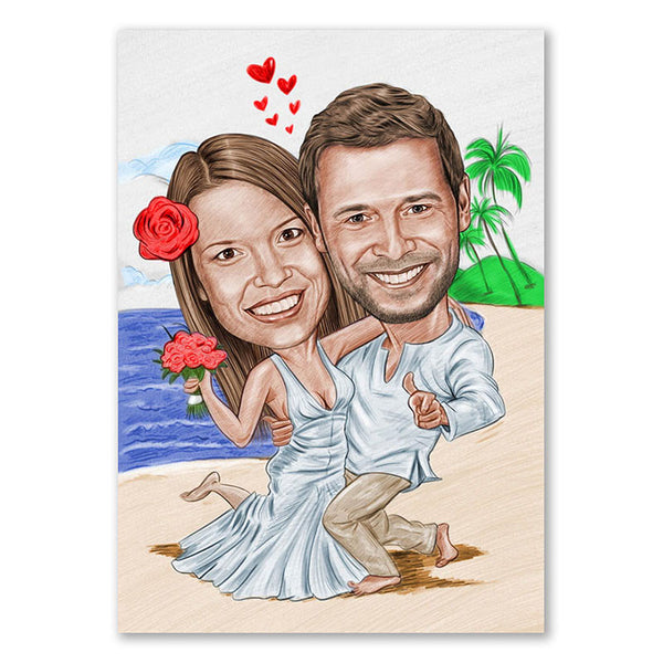 Karikatur vom Foto - Tropische Heirat Zeichnung mit rot (ca3611pen-color) - Lustige individuelle Karikatur vom eigenen Foto