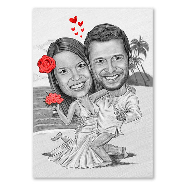 Karikatur vom Foto - Tropische Heirat Zeichnung mit rot (ca3611pen-red) - Lustige individuelle Karikatur vom eigenen Foto