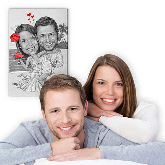 Karikatur vom Foto - Tropische Heirat Zeichnung mit rot (ca3611pen-red) - Lustige individuelle Karikatur vom eigenen Foto