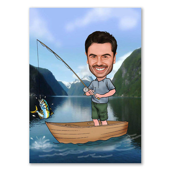 Karikatur vom Foto - Angler auf Bergsee (andere Schiffe mgl.) (ca365) - Lustige individuelle Karikatur vom eigenen Foto