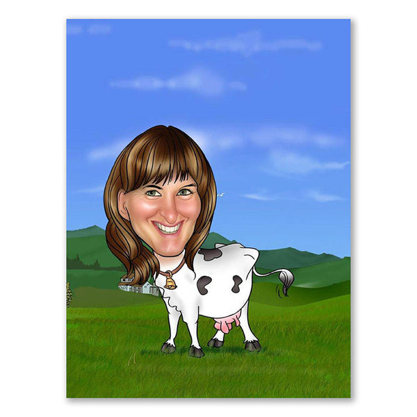 Karikatur vom Foto - Cow-Girl (andere Tierarten mgl.) (ca391) - Lustige individuelle Karikatur vom eigenen Foto