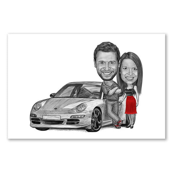 Karikatur vom Foto - Mein Auto (andere Automarken mgl.) Paar Zeichnung mit rot (ca392couple-pen-red) - Lustige individuelle Karikatur vom eigenen Foto